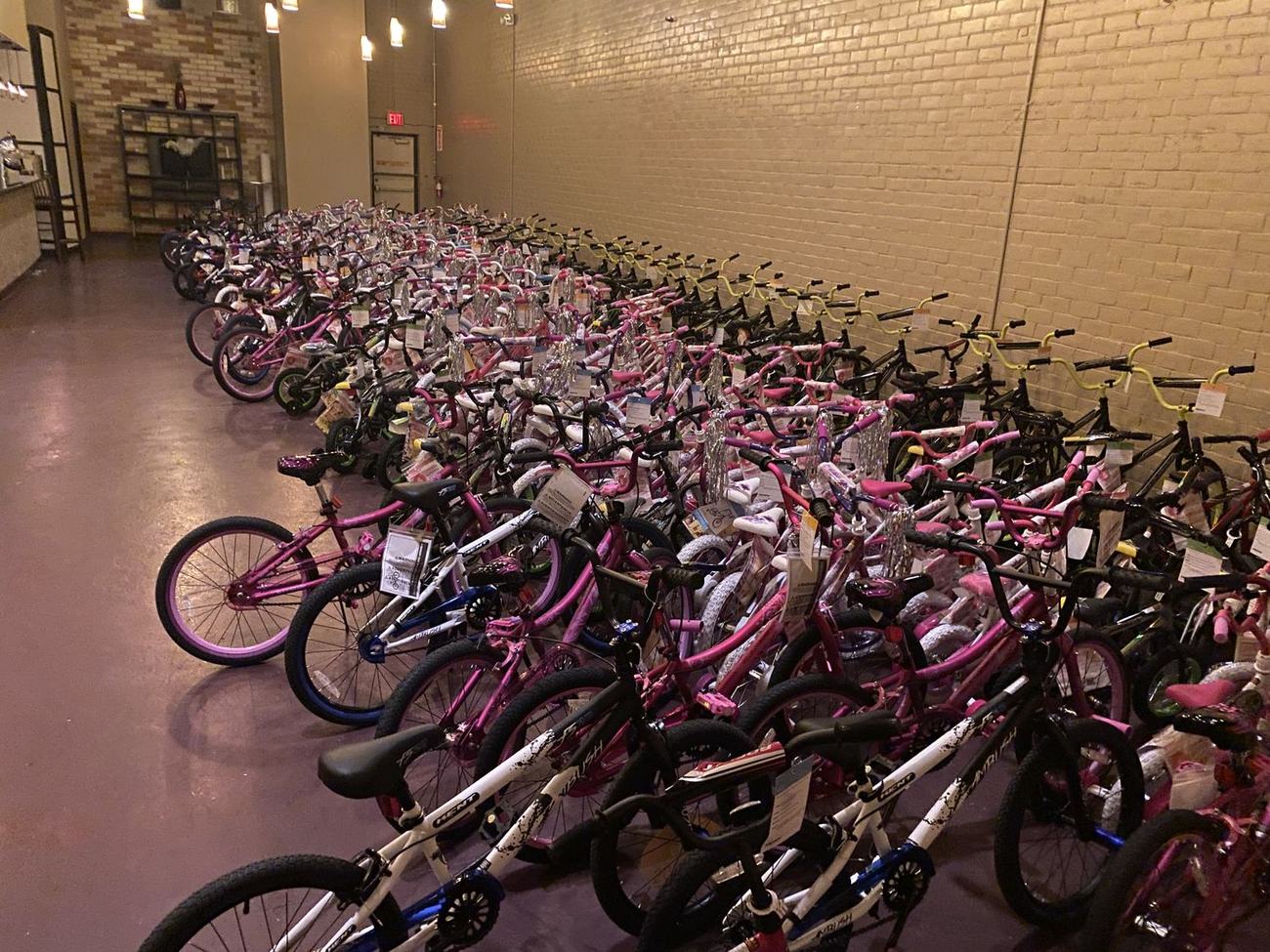 Bikes staged indoors before the giveaway